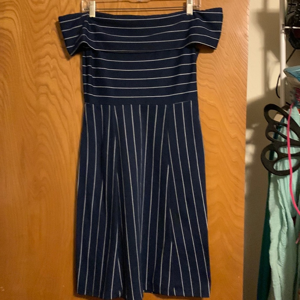 Navy and white pinstriped off the shoulder dress